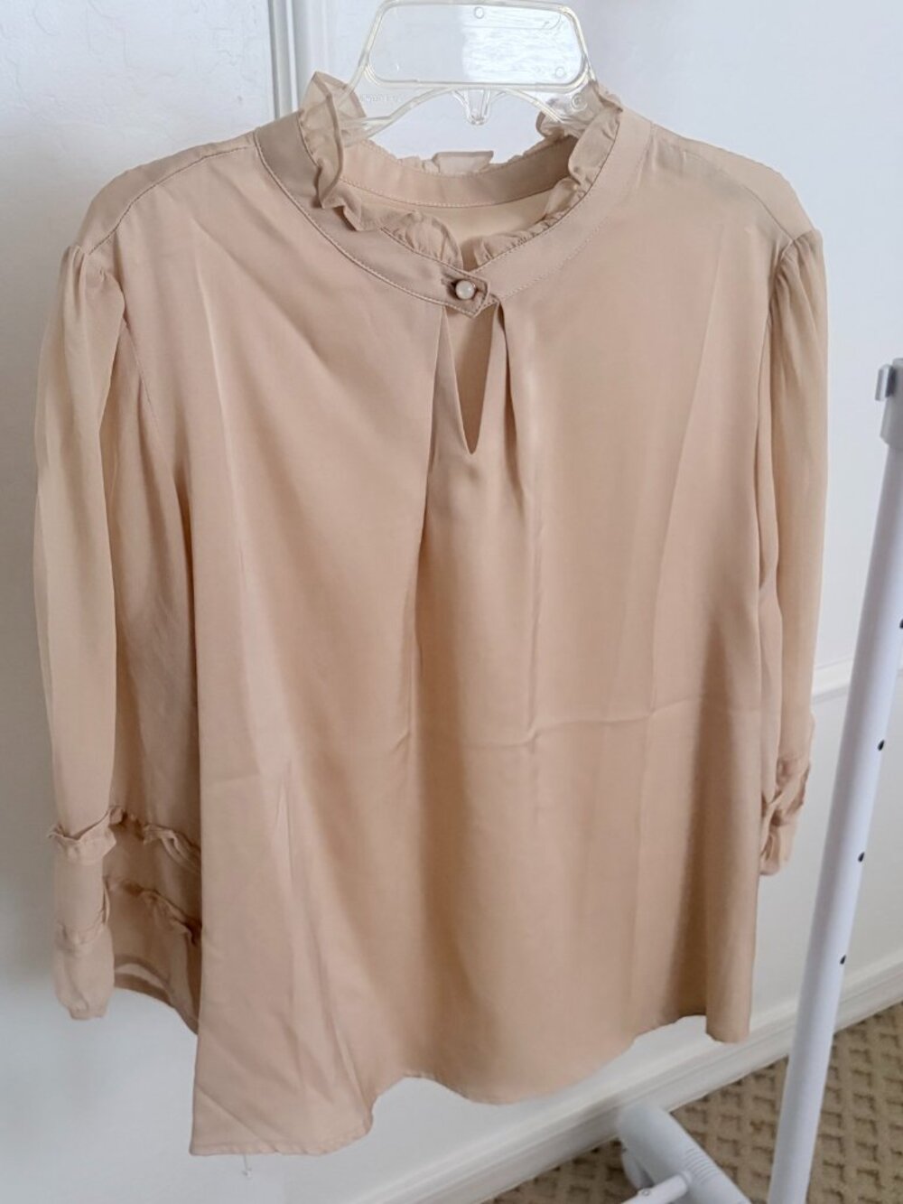 Beige Ruffle Neck Pearl Button Heavy Silk Blouse - Fits M (6-8)